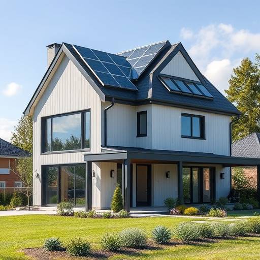 Maison moderne avec des panneaux solaires sur le toit et un syst&egrave;me de gestion d'&eacute;nergie intelligent.