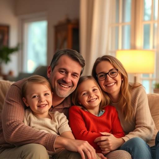 Photographie d'une famille souriante profitant d'un salon chaleureux et bien am&radic;&copy;nag&radic;&copy;, symbolisant le confort domestique.
