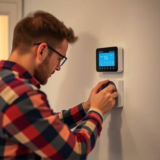 Technicien ajustant un thermostat intelligent pour une maison connect&radic;&copy;e