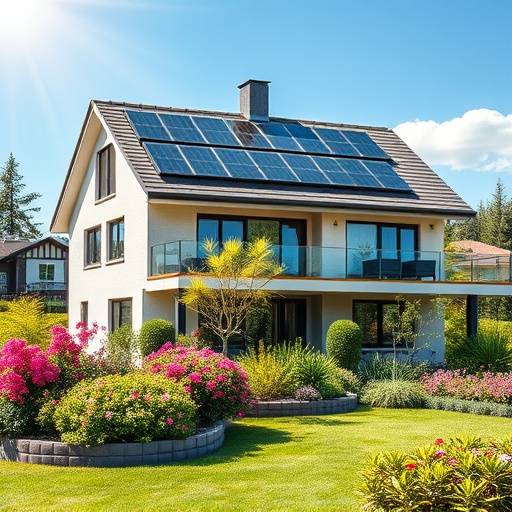 Une maison avec des panneaux solaires sur le toit et un jardin bien entretenu