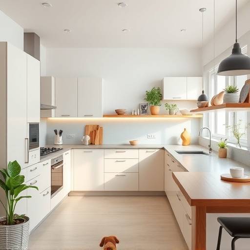 Vue d'une cuisine moderne avec des appareils &eacute;lectrom&eacute;nagers &eacute;conomes en &eacute;nergie